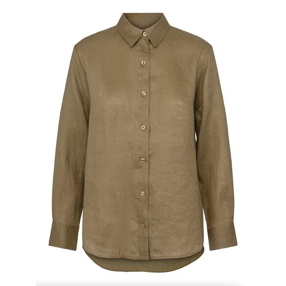RICCO VERO Stina Button Down Shirt Linen Olive Green Sz 40 / L {3W4} - Picture 1 of 6